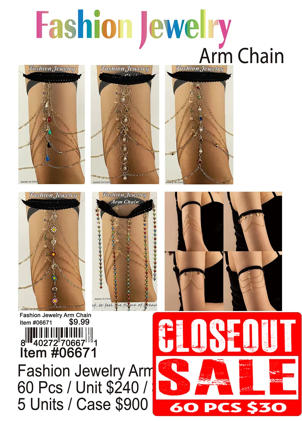 Fashion Jewelry Arm Chain - Closeout 60 Pcs.